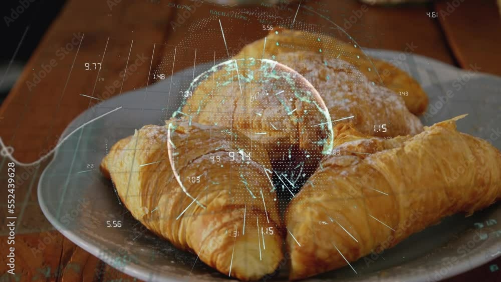 Poster animation of data processing and globe over croissants on wooden table
