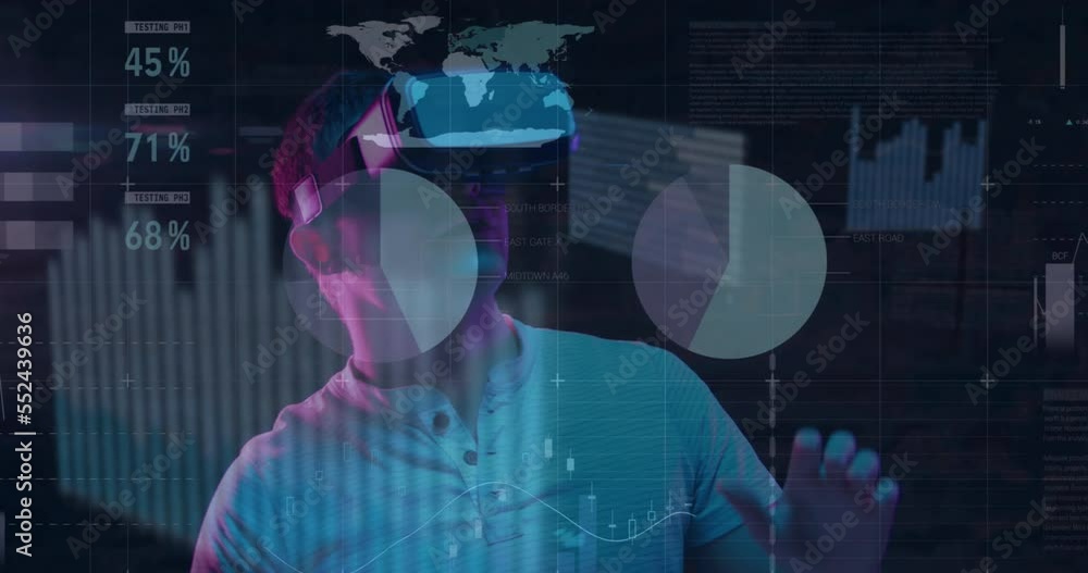 Poster animation of data processing over caucasian man using vr headset