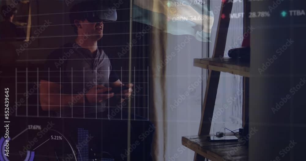Poster animation of data processing over disabled caucasian man in wheelchair using vr headset