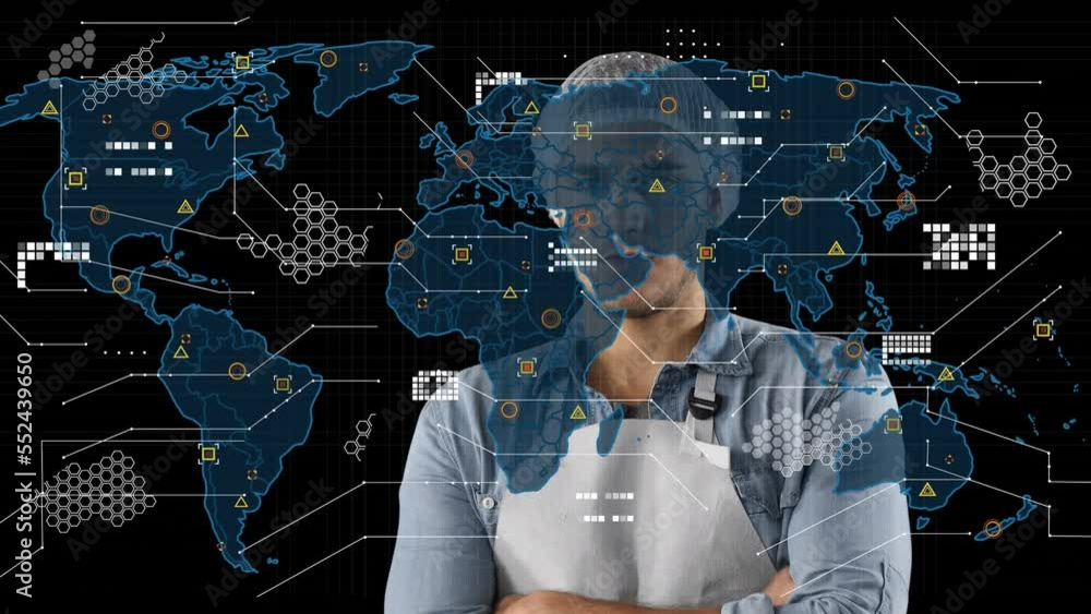 Poster animation of data processing over caucasian male worker and world map
