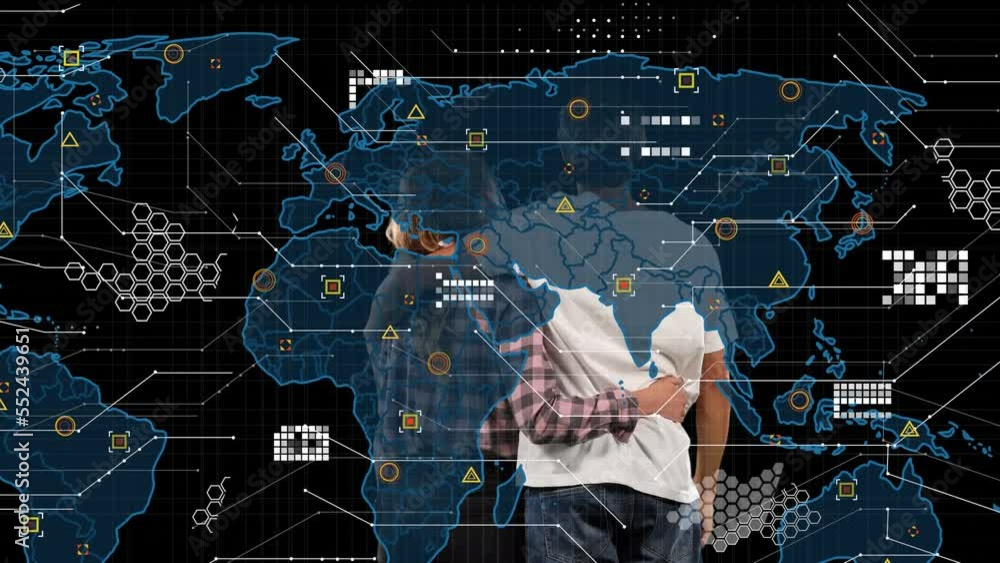 Aufkleber animation of data processing over world map and caucasian couple