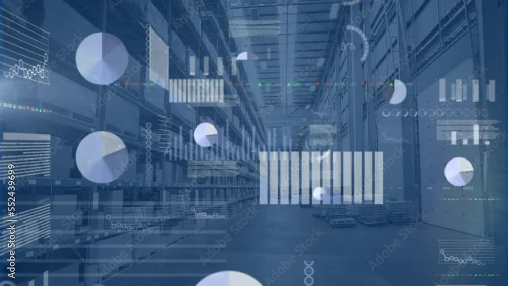 Poster animation of data processing and statistics over empty warehouse