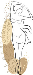 Woman silhouette in modern continuous line style and plant leaves. The girl is slim and beautiful. Lady suitable for aesthetic decor, posters, stickers, logo. Vector illustration.