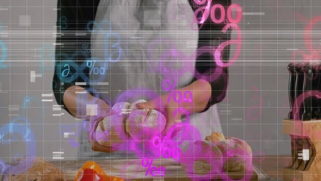 Animation of data processing and numbers over caucasian woman in bakery