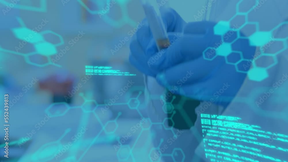 Poster animation of data processing over scientist in lab