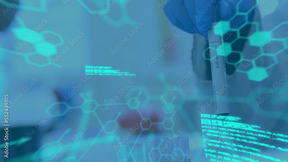 Poster animation of data processing and chemical structures over laboratory worker holding test tube