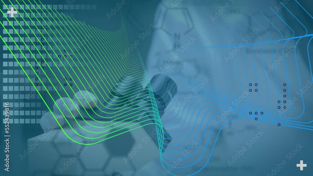 Poster animation of data processing and chemical structures over diverse lab workers using microscope