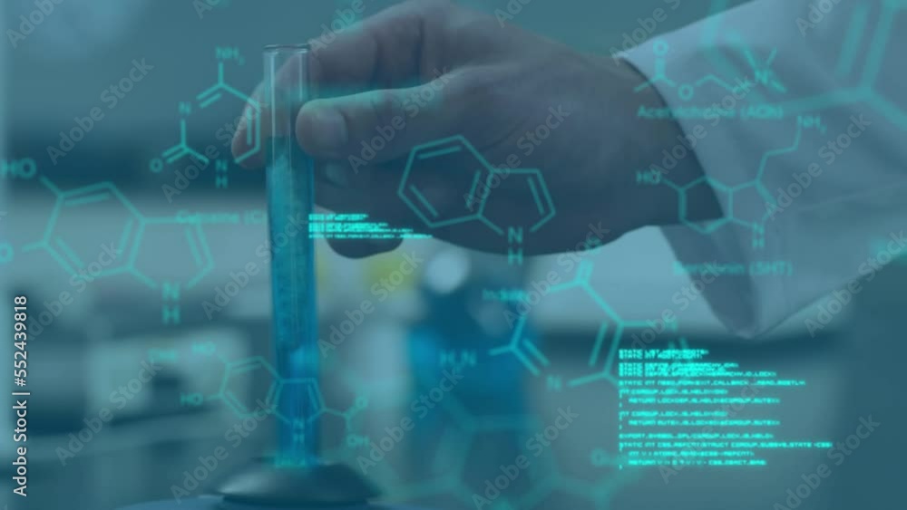 Poster animation of data processing over hand with test tube in lab