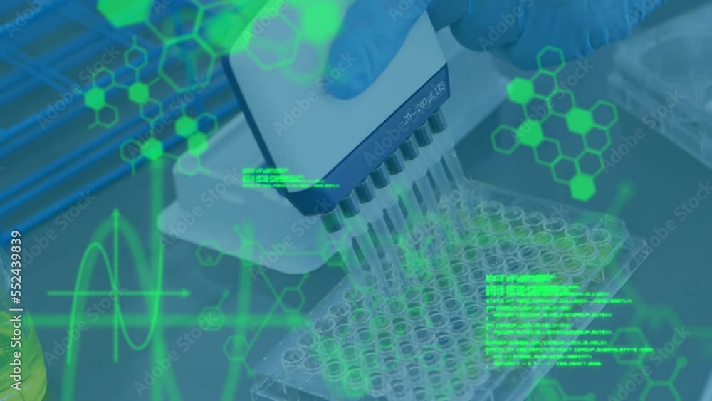 Poster animation of data processing over scientist in lab