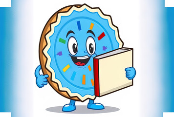 Obraz premium Infographics business pie chart with a blue book character mascot on a white backdrop. Generative AI