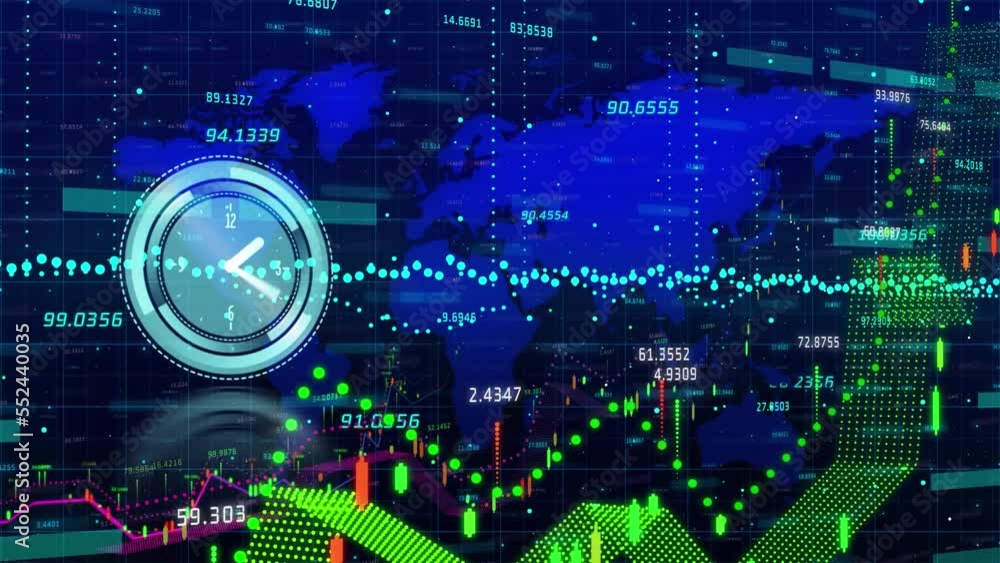 Poster animation of radar and multicolored graphs with digits and map over blue background