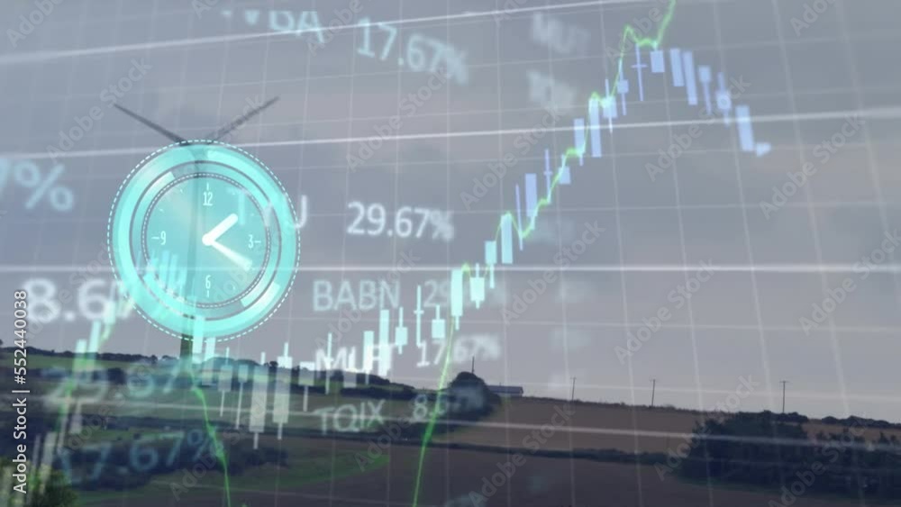 Poster animation of clock, graph and trading board and windmill over landscape with field and clear sky