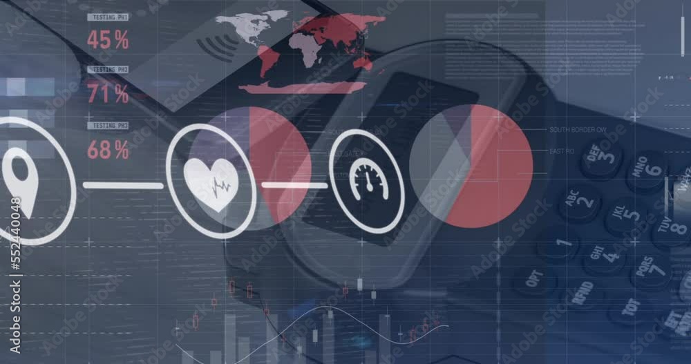 Aufkleber animation of connections with tech icons over diverse financial data and payment terminal