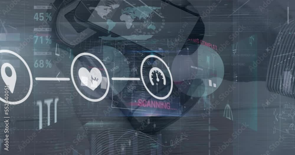 Poster animation of connections with tech icons over diverse financial data and payment terminal