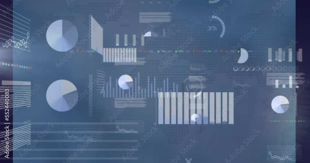 Poster animation of multiple graphs, multicolored trading board and database over abstract background
