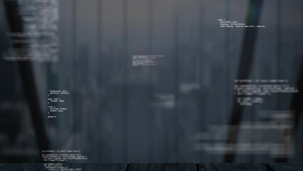 Animation of red mandala pattern and programming language over cityscape in background - Powered by Adobe