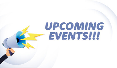 Hand hold megaphone. Upcoming events, realistic 3d megaphone, loudspeaker with lightning. Symbols Speaker, Social media, Advertising and promotion. Vector