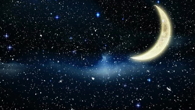 Animation of snowfall and illuminated stars and crescent shape moon in night sky