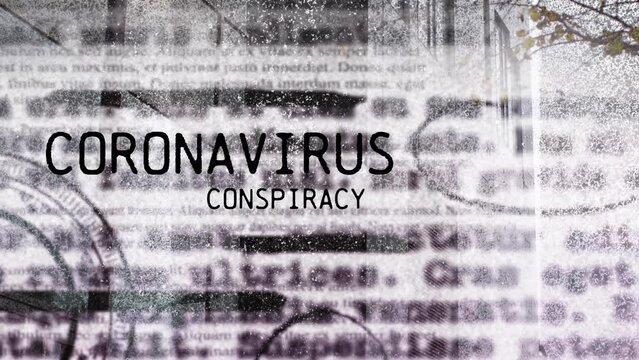 Animation of coronavirus conspiracy with circle marking on old newspaper over building