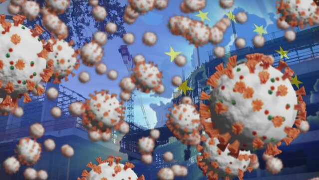 Animation of coronavirus mutants over under construction building over european union flag