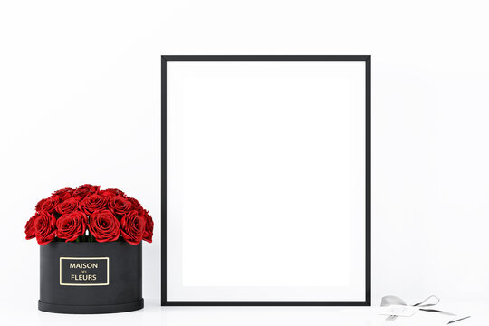 Mockup poster and black frame  red rose