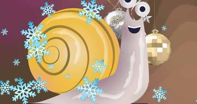 Animation of snail and baubles over snow falling