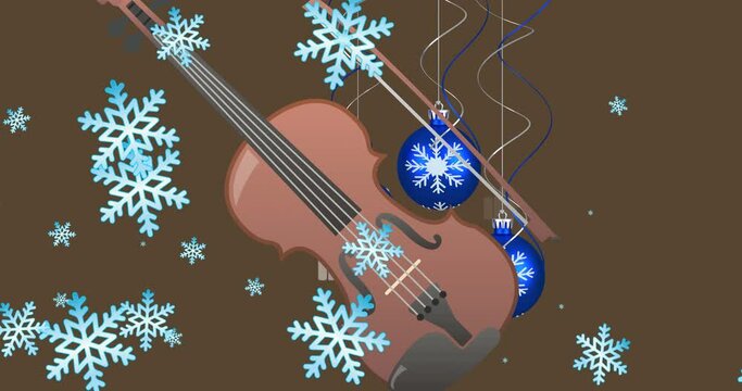 Animation of baubles and violin over snow falling