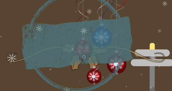 Animation of shapes and baubles over snow falling