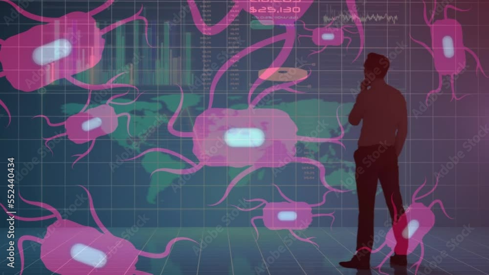 Poster animation of thinking man, abstract pattern over microorganisms against infographic interface