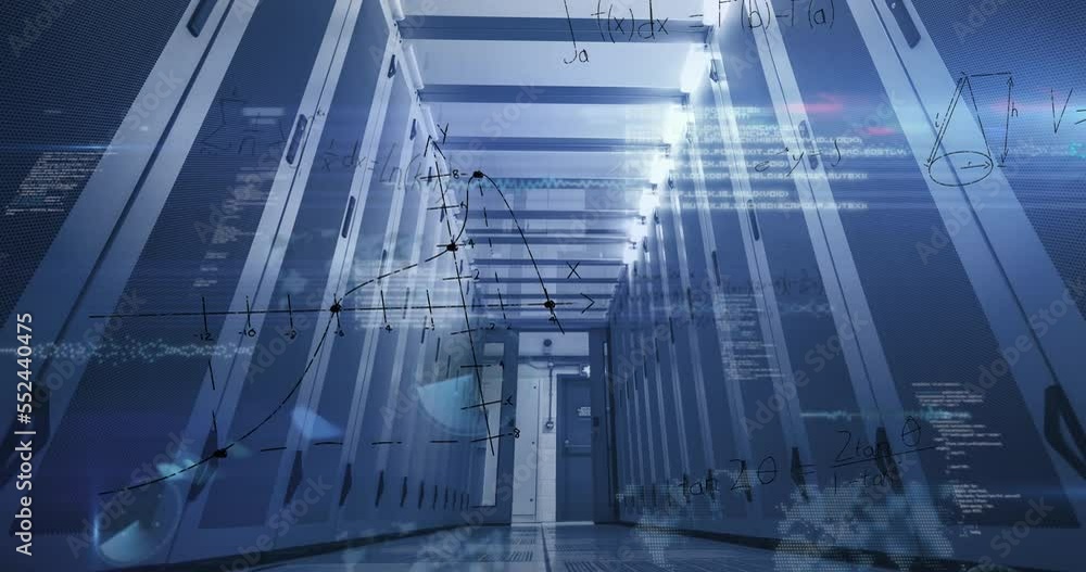 Poster animation of equation, infographic interface and lens flare over low angle view of server room