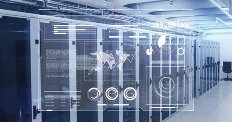 Animation of graphs, map, database and mathematical equations over server room in background - Powered by Adobe