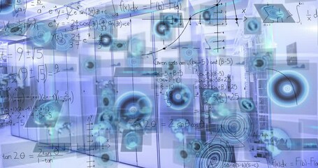 Animation of radars, infographic interface and mathematical equations over server room - Powered by Adobe