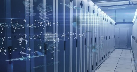 Animation of mathematical equations, infographic interface and lens flare over server room - Powered by Adobe
