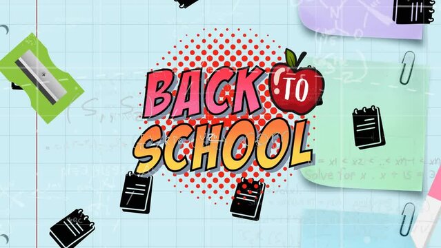 Animation of back to school text and apple over abstract pattern, falling notepads, sharpener
