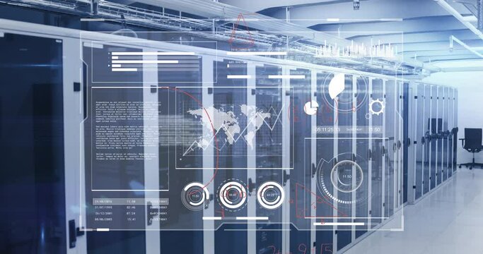 Animation of graphs, map, database and mathematical equations over server room in background - Powered by Adobe