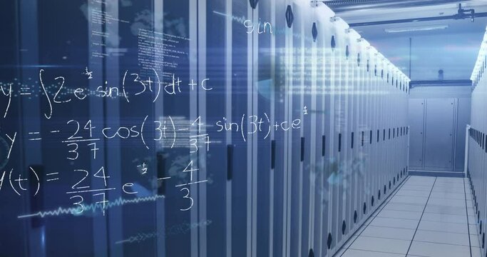 Animation of mathematical equations, infographic interface and lens flare over server room - Powered by Adobe
