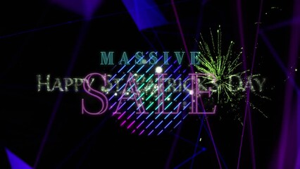 Animation of massive sale text over fireworks and shapes on black background - Powered by Adobe