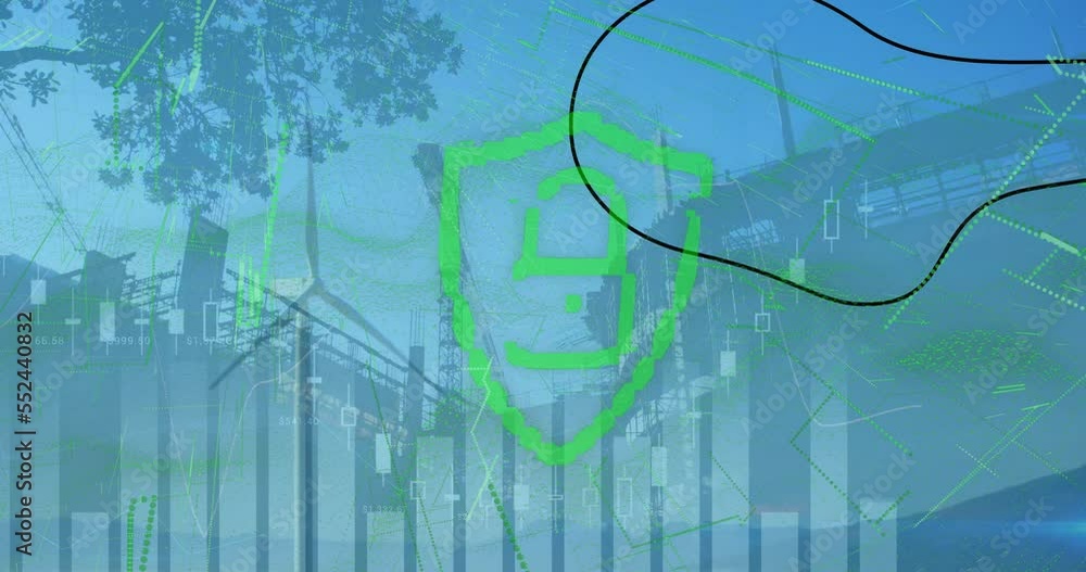 Aufkleber animation of data processing with padlock icon and cityscape over wind turbine