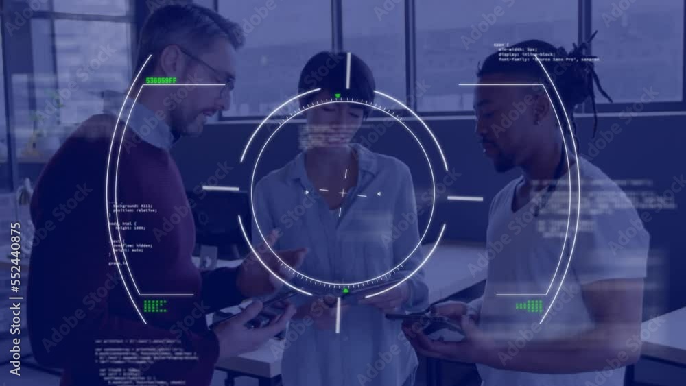 Poster animation of data processing and scope scanning over diverse business people using tablet