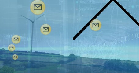 Animation of envelope icons and data processing over wind turbine - Powered by Adobe