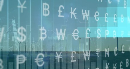 Animation of data processing with currency symbols and cityscape over wind turbine - Powered by Adobe