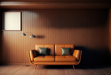 Leather sofa in contemporary empty room with wooden wall in the background. Generative AI