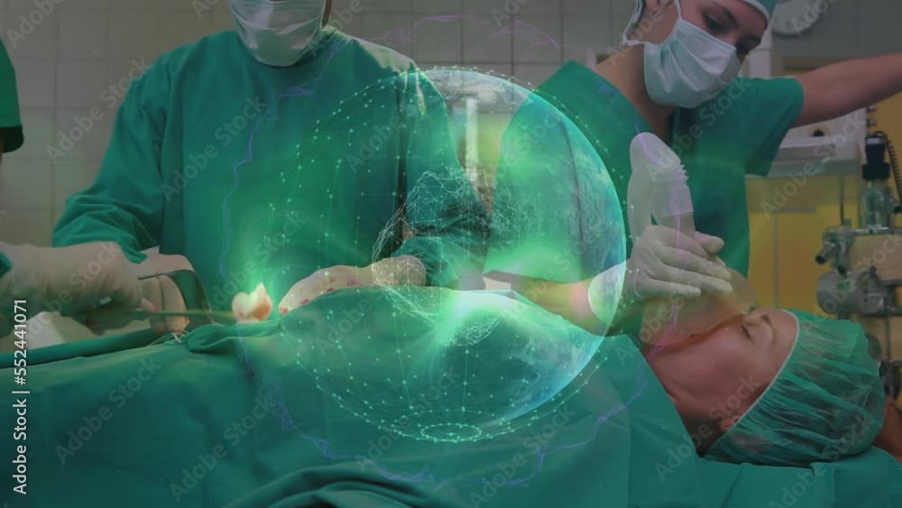 Poster animation of globe of network of connections against team of surgeons performing operation