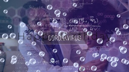 Animation of happy birthday text and bubbles over african american doctor and patient - Powered by Adobe