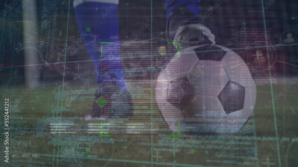 Poster animation of interface with data processing over low section of soccer player with the ball