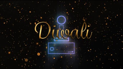 Animation of diwali text over gamepad icon and light spots on black background