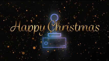 Animation of happy christmas text over gamepad icon and light spots on black background