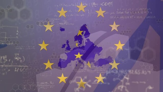 Animation of data processing over eu flag and wind turbine - Powered by Adobe
