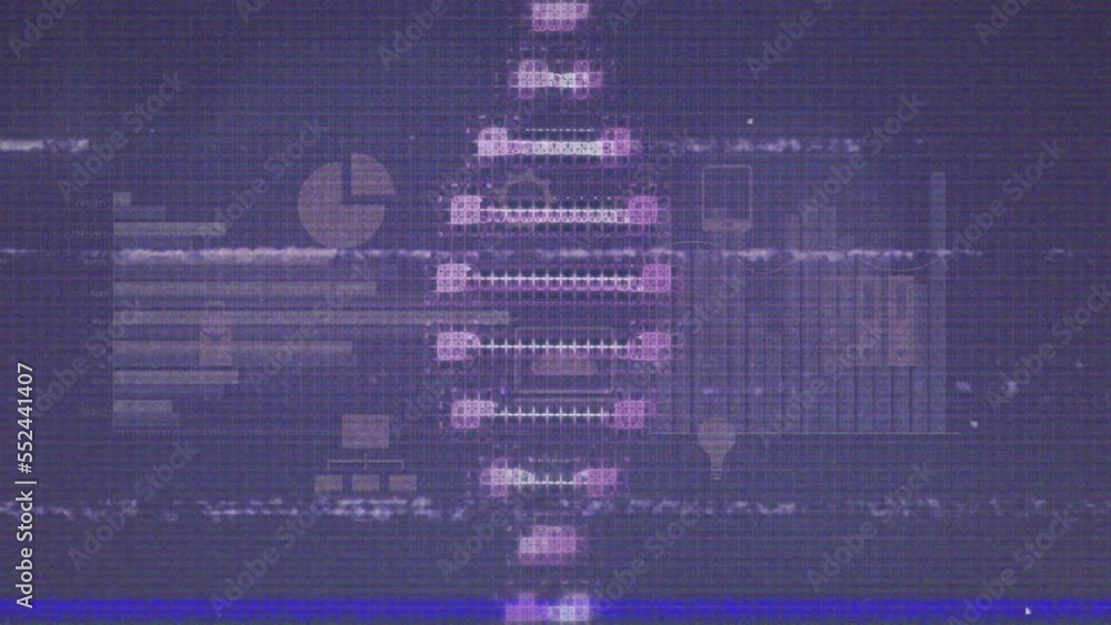 Poster animation of glitch effect over dna structure and statistical data processing on purple background
