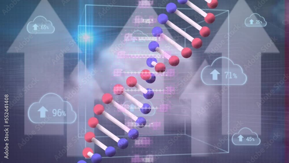 Aufkleber animation of spinning dna structure and multiple cloud icons with increasing percentage